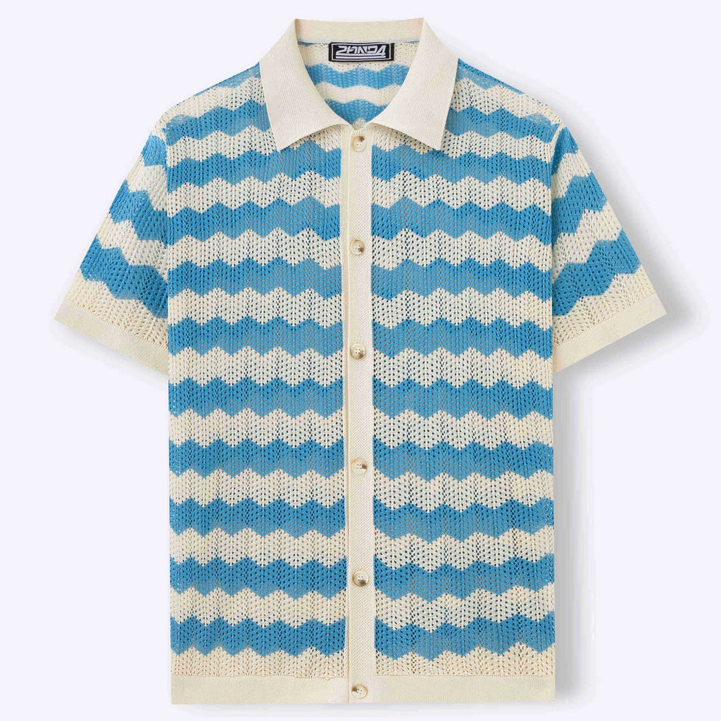 Man wearing a blue short-sleeve corrugated knit sweater with a hollow jacquard pattern, showcasing texture.