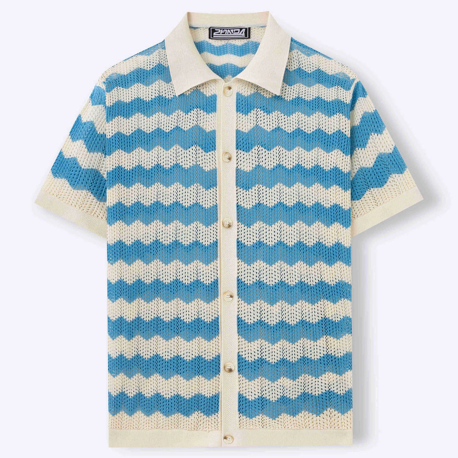 Man wearing a blue short-sleeve corrugated knit sweater with a hollow jacquard pattern, showcasing texture.