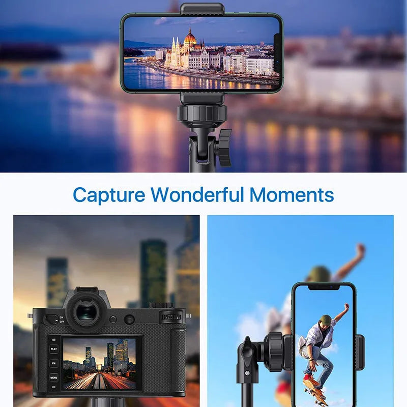 Black aluminium selfie stick tripod extended next to an iPhone, showing its five-section telescopic design.