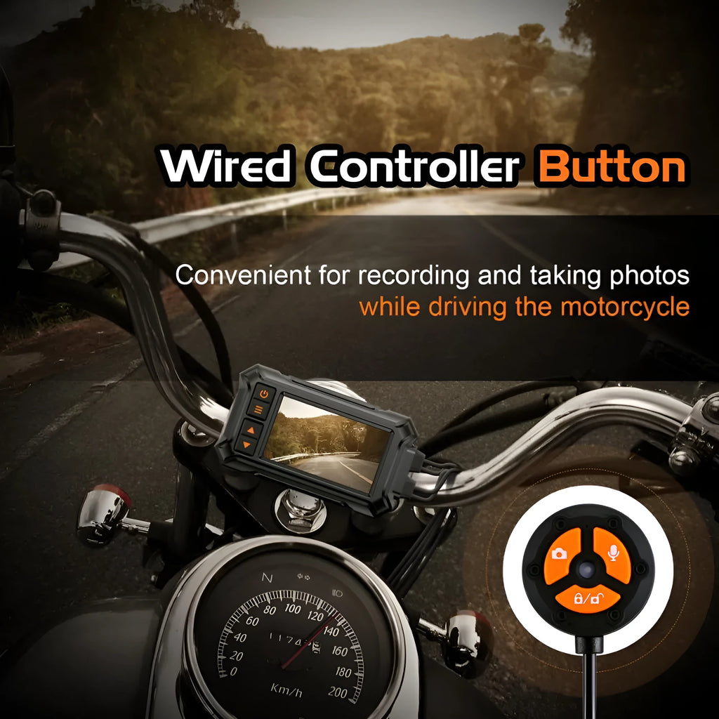 Motorcycle dashcam system with front and rear cameras, 3-inch display, GPS module, and installation cables.