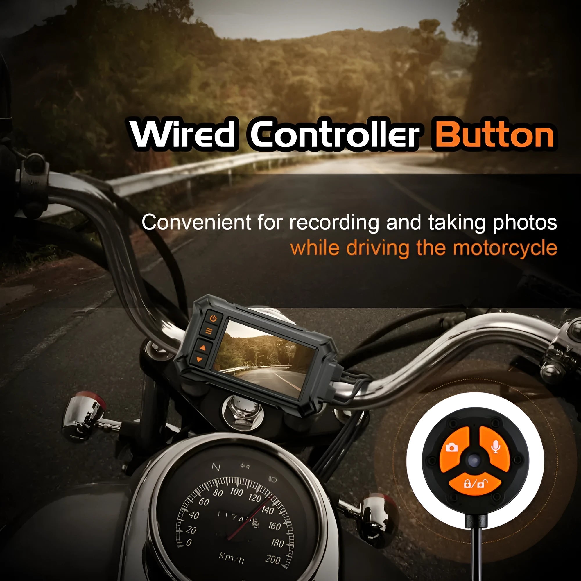 Motorcycle dashcam system with front and rear cameras, 3-inch display, GPS module, and installation cables.