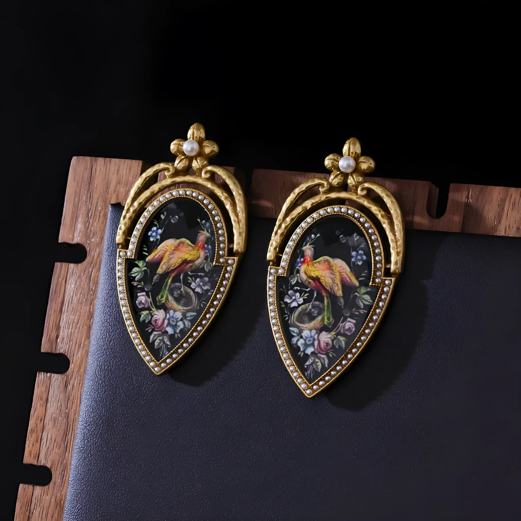 Vintage peacock oil earrings, 18K gold plated copper alloy with enamel painted peacock design, ear drops 6.3 x 3.3cm