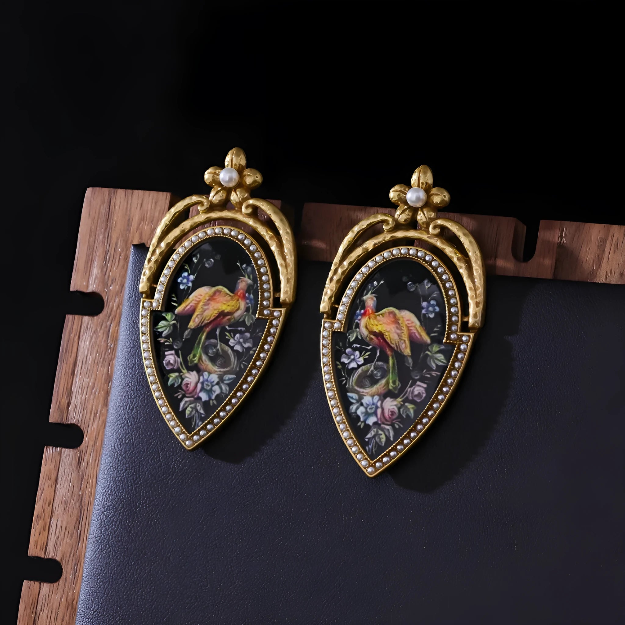 Vintage peacock oil earrings, 18K gold plated copper alloy with enamel painted peacock design, ear drops 6.3 x 3.3cm