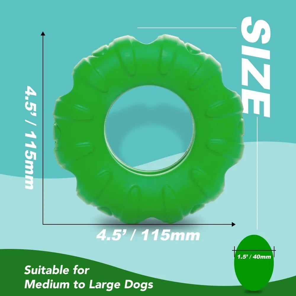 Blue, green, and red natural rubber tyre-shaped dog chew toy with oval openings for treat dispensing.