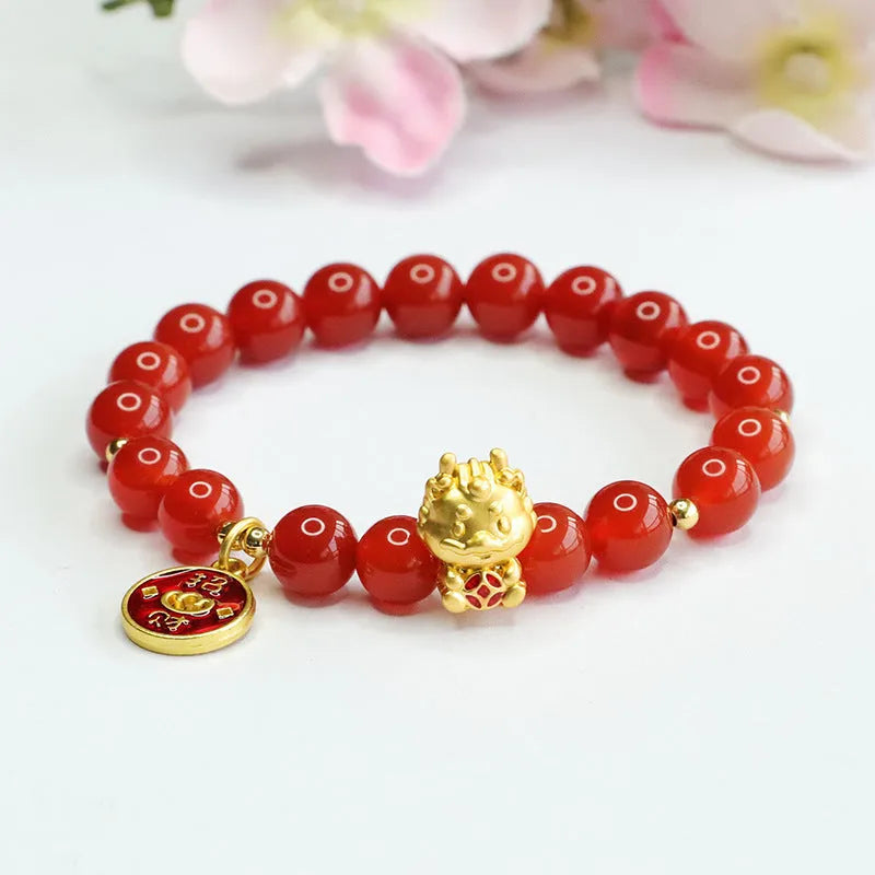 Chinese style red agate zodiac dragon bracelet with 8mm beads.