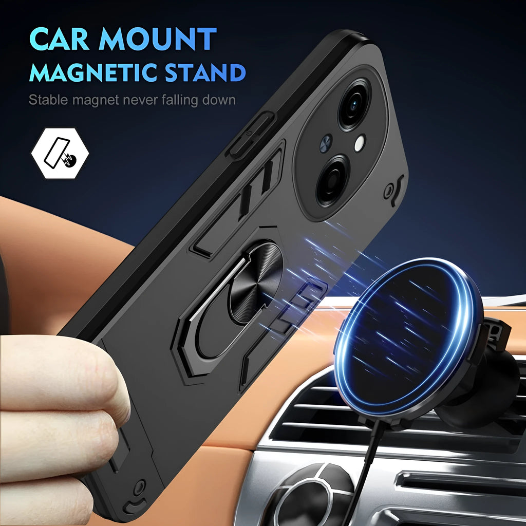 Tecno Pova phone case with bracket, black back cover, airbag corners