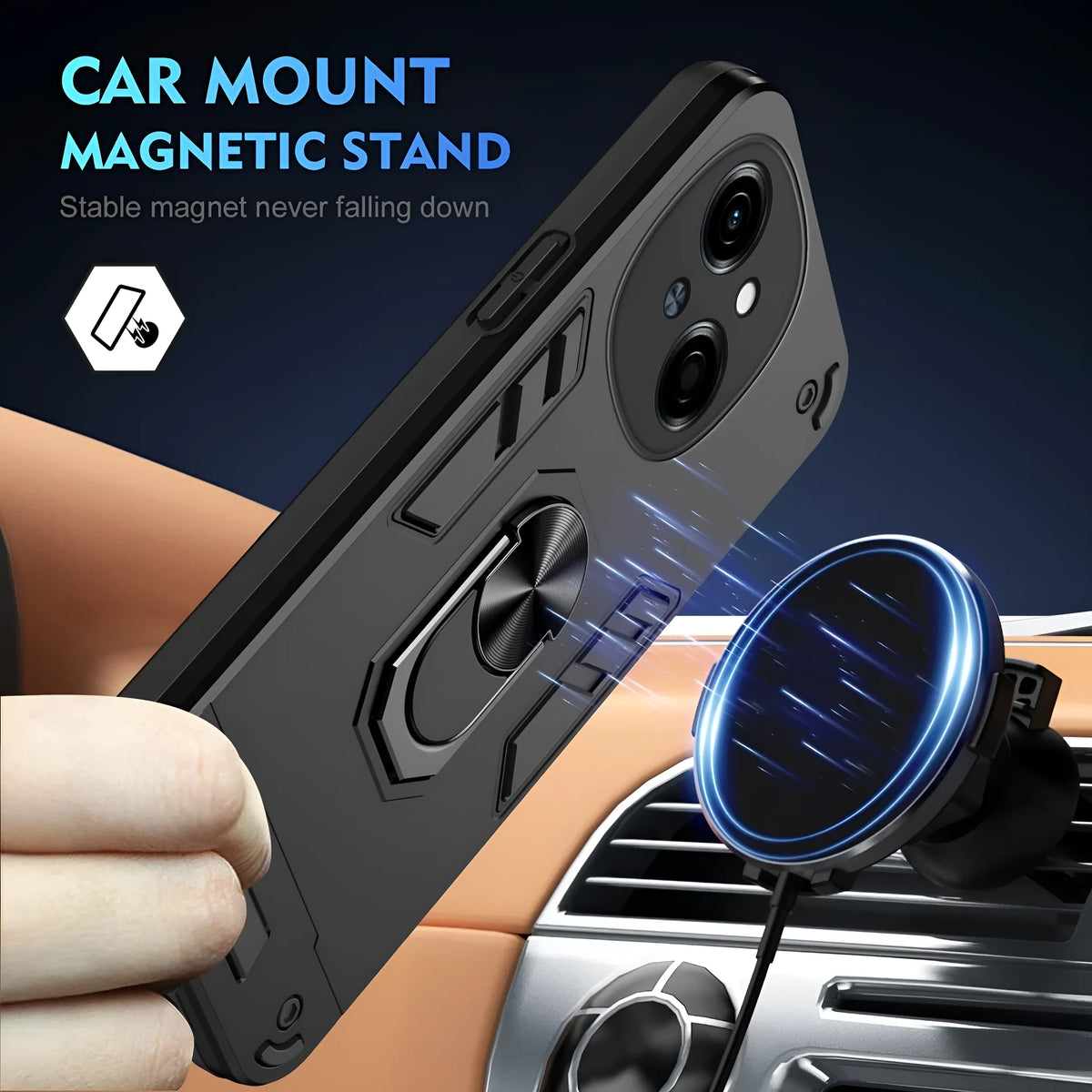 Tecno Pova phone case with bracket, black back cover, airbag corners