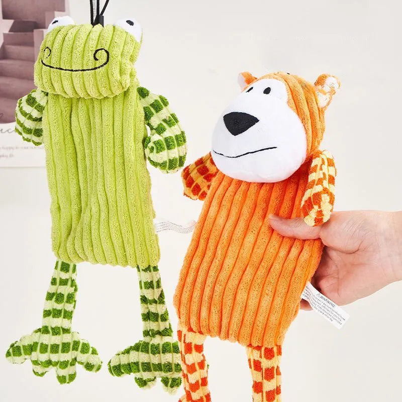 Green or orange durable plush dog toy with squeaker for aggressive chewers