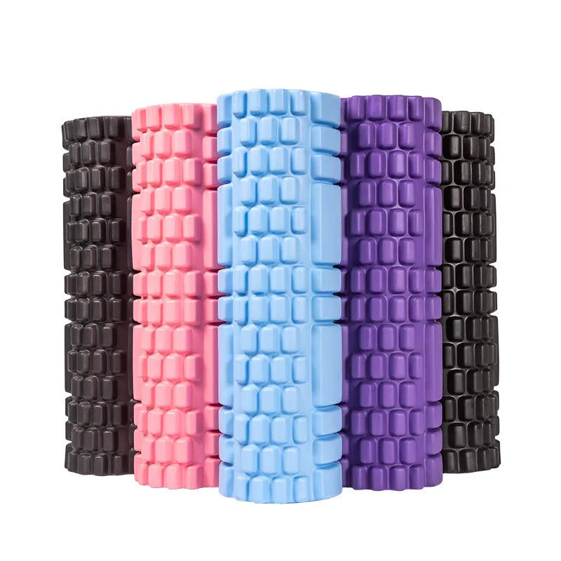 EVA foam fitness roller shown in various colours including black, pink, and blue.
