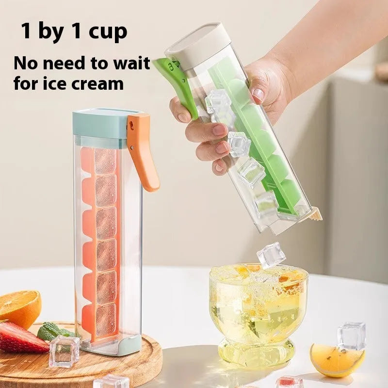 Ice cube mold with storage box showing one-touch release mechanism and food-grade PET construction