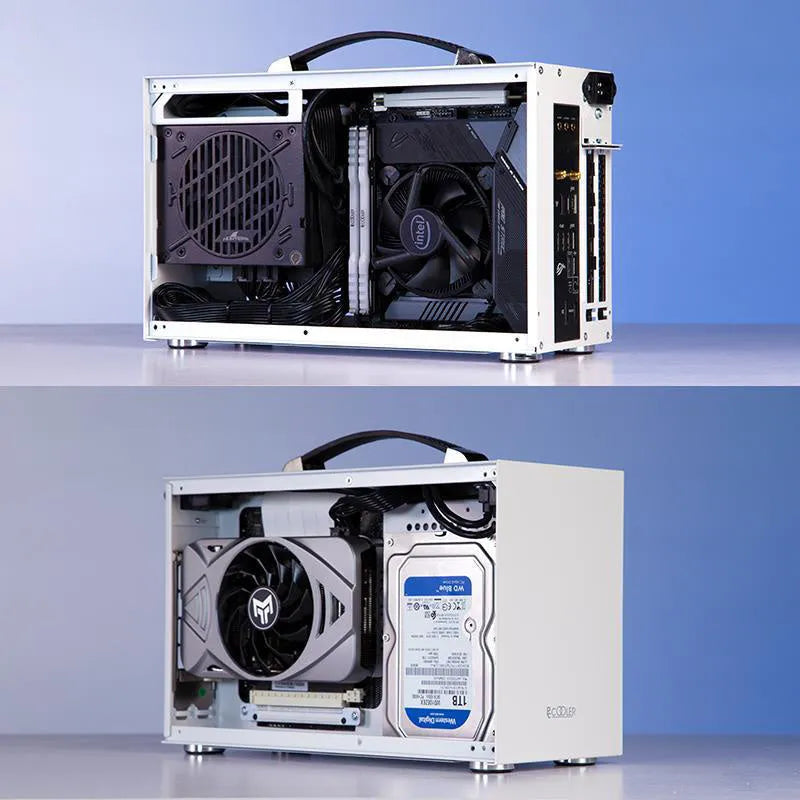 Three Hummingbird Portable Mini-ITX desktop computer case in titanium grey or white finish