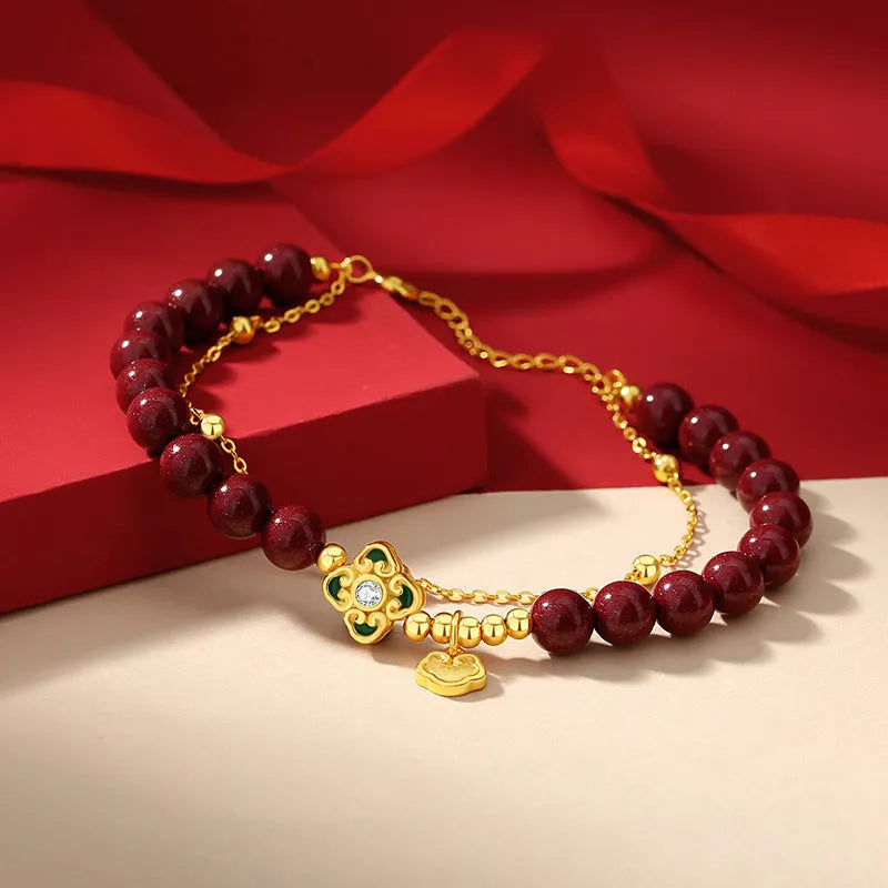 Sterling silver women's bracelet with geometric shape, ruyi, xiangyun and cinnabar flower design.
