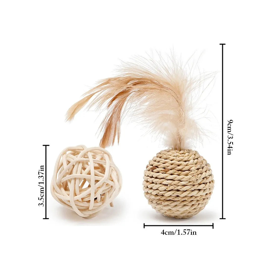 Two cat toys: hollow rattan ball with bell and faux feather ball in primary colours