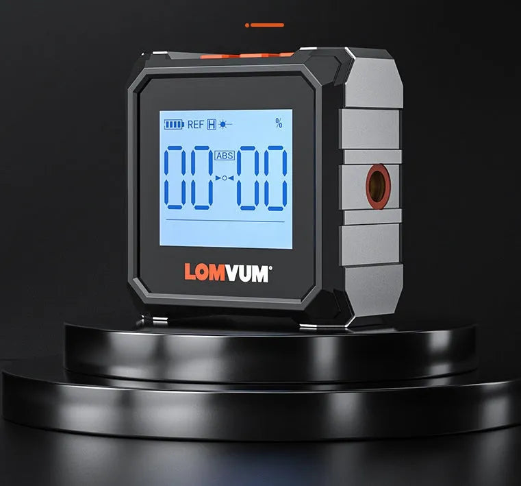 Longyun digital laser tape measure with black alloy casing, backlit display, and magnetic strips on the back.
