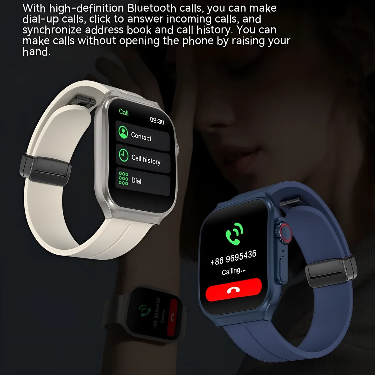 Smart watch with 3D curved AMOLED screen in black, blue, and silver colour options on wrist