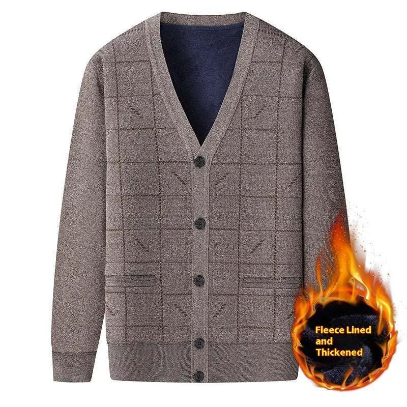 Plus-size men's grey fleece-lined cardigan with batwing sleeves on a hanger.