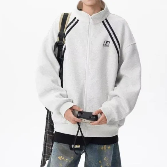 Women's loose fit stand collar colour block stripe jacket in light gray or black, cotton blend, long sleeve, 50cm length