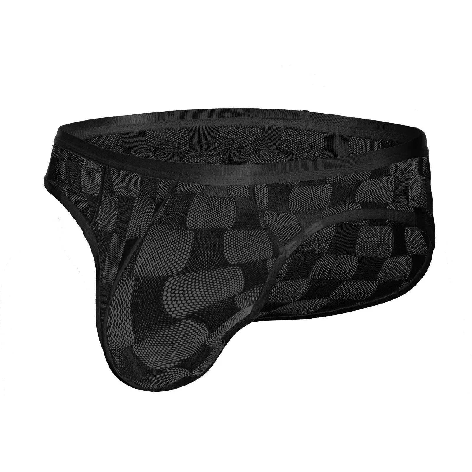 Men's black and white plaid mesh briefs with U-convex design for hip support.