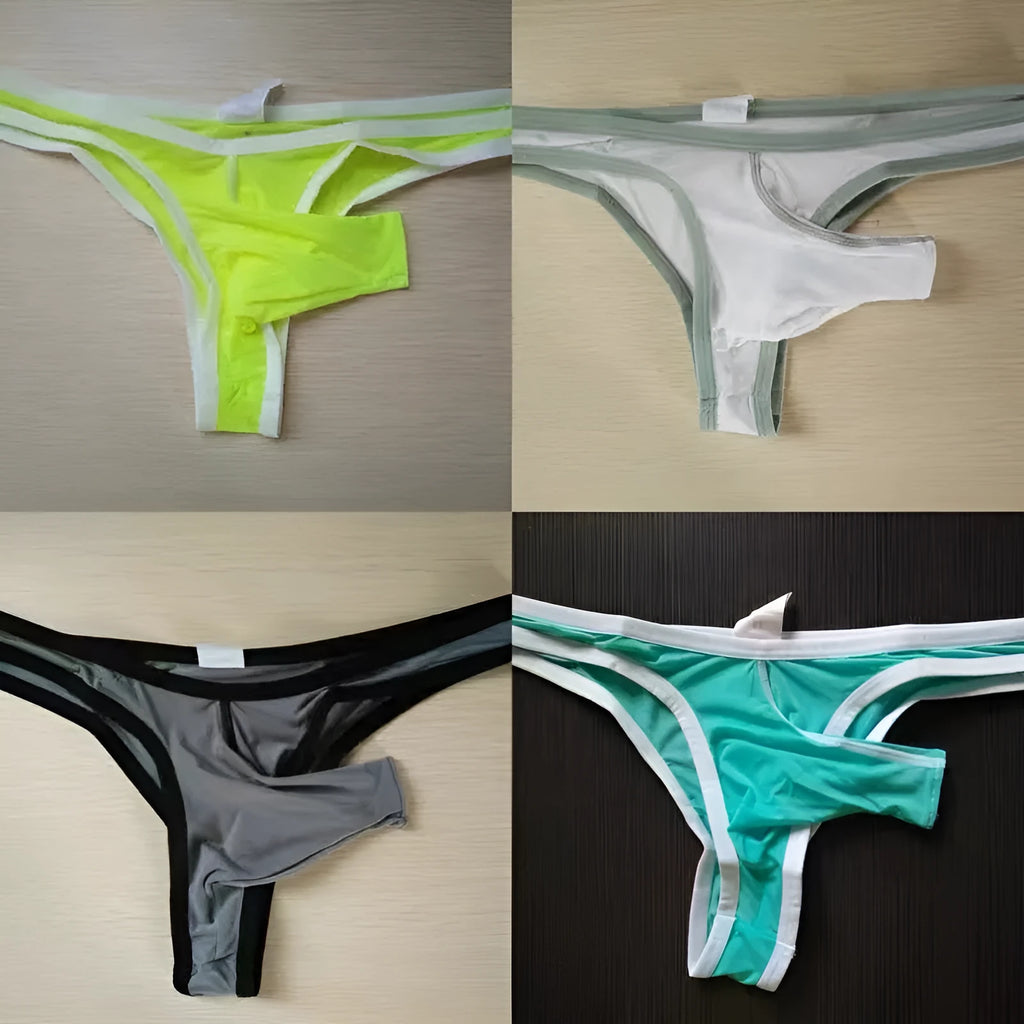 Men's white Ice Silk nylon briefs on a grey background, showing the elephant nose front pouch design.