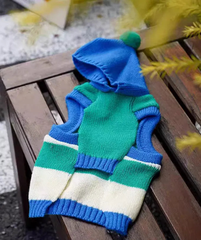 Blue striped hooded knitted pet sweater for dogs and cats autumn winter wear