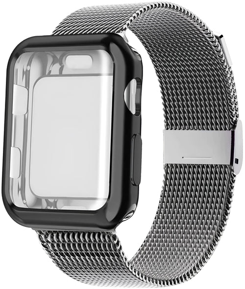 Magnetic Milanese loop metal strap for Apple Watch in silver, shown attached to a watch.