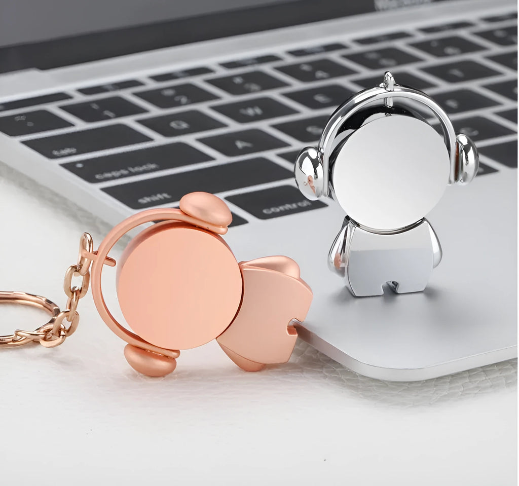 Personalised metal USB flash drive with cartoon musician character design in silver or rose gold colour