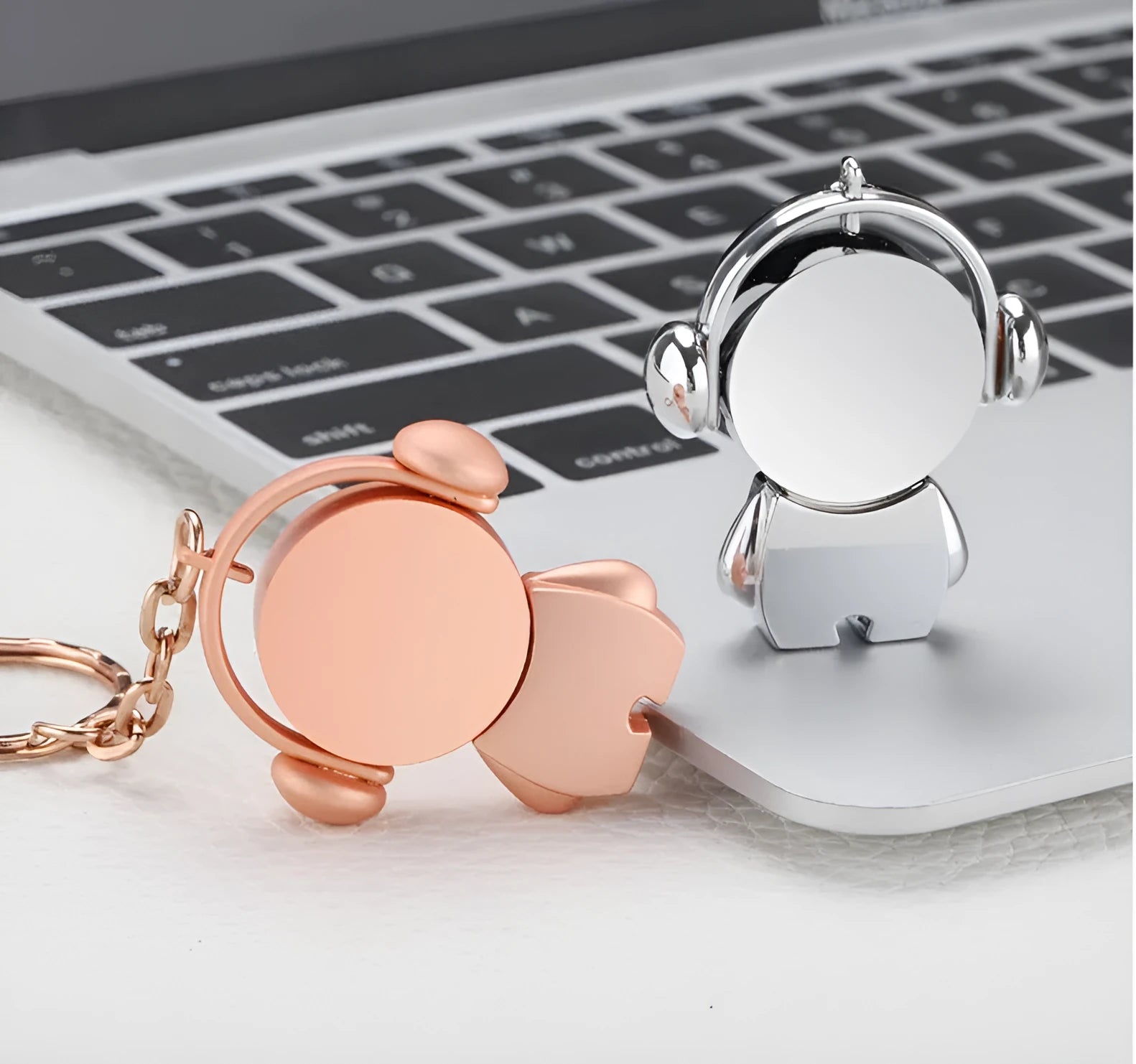 Personalised metal USB flash drive with cartoon musician character design in silver or rose gold colour