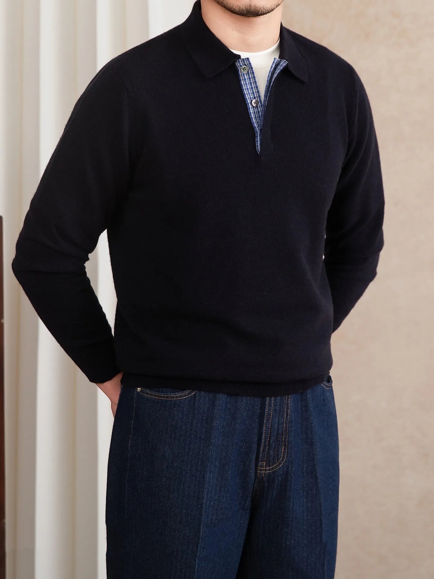 Slim-fit lapel polo shirt in dark blue, wool knitted long sleeve pullover with button placket