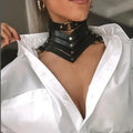 Black leather collar necklace with round element and 41-50cm perimeter, unisex secondary style