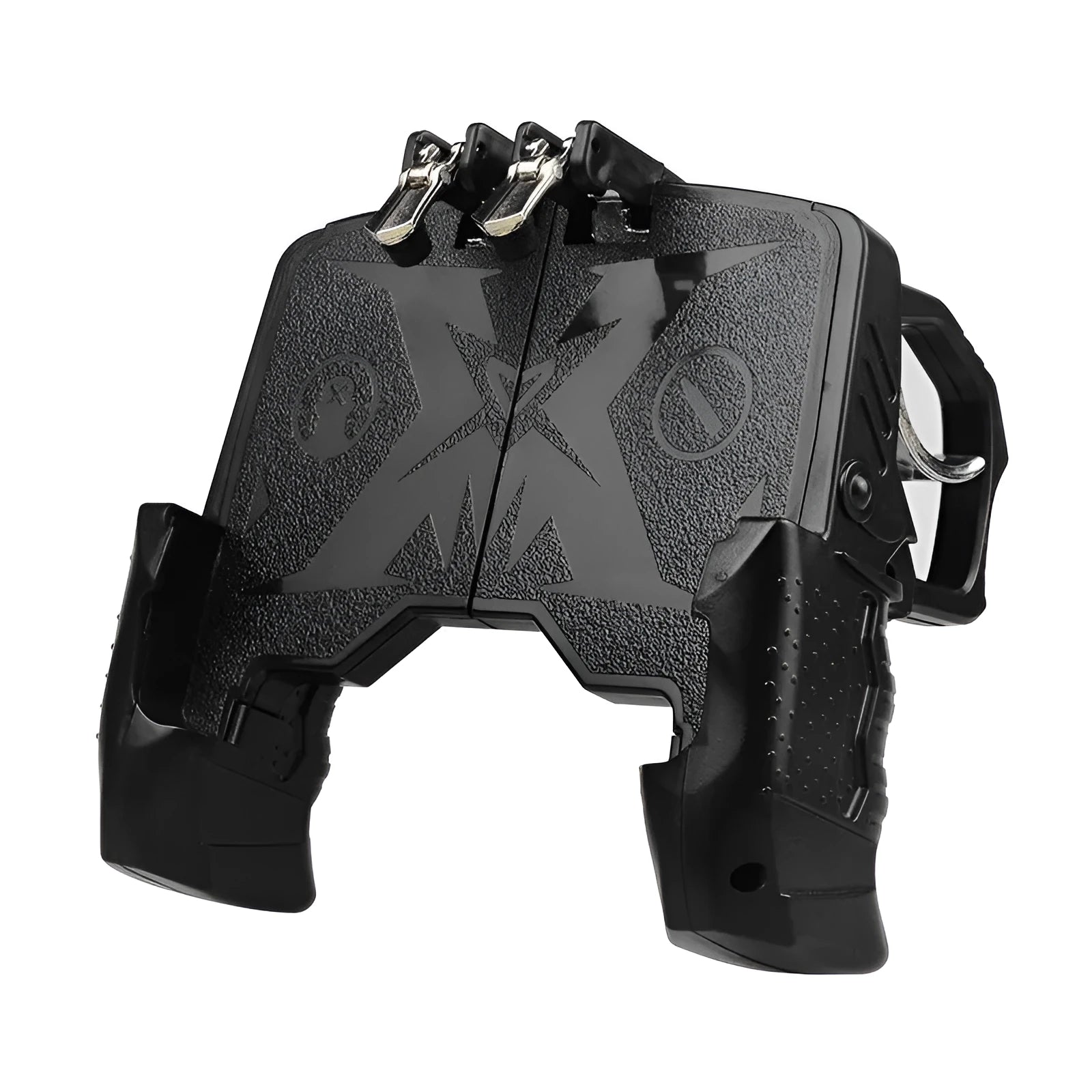 Black wired mobile phone game controller with a suit-style handle plugged into a smartphone