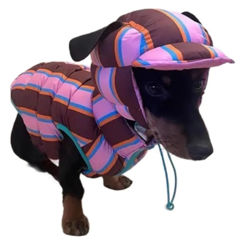 Dirty pink striped pet vest with matching hat for autumn and winter wear