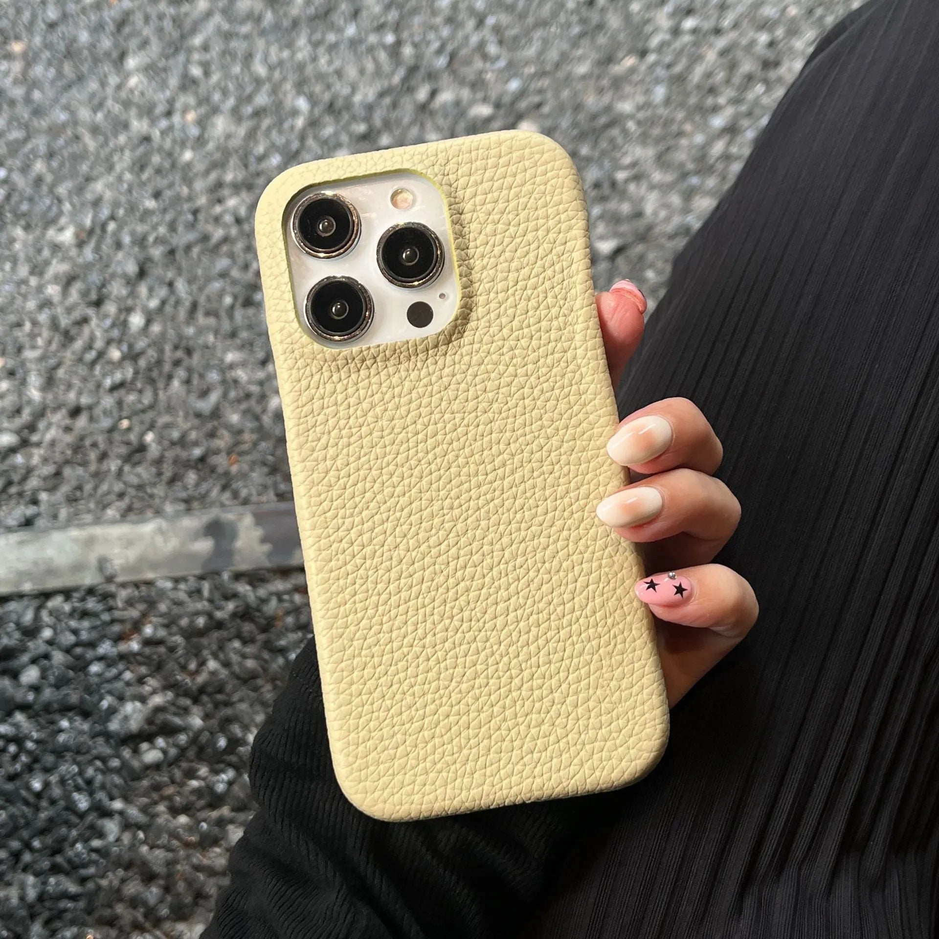 Solid colour leather phone case for iPhone in caramel shade with fall protection ins style