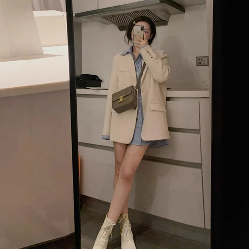 Korean-style solid-colour women's suit jacket with long sleeves and pockets
