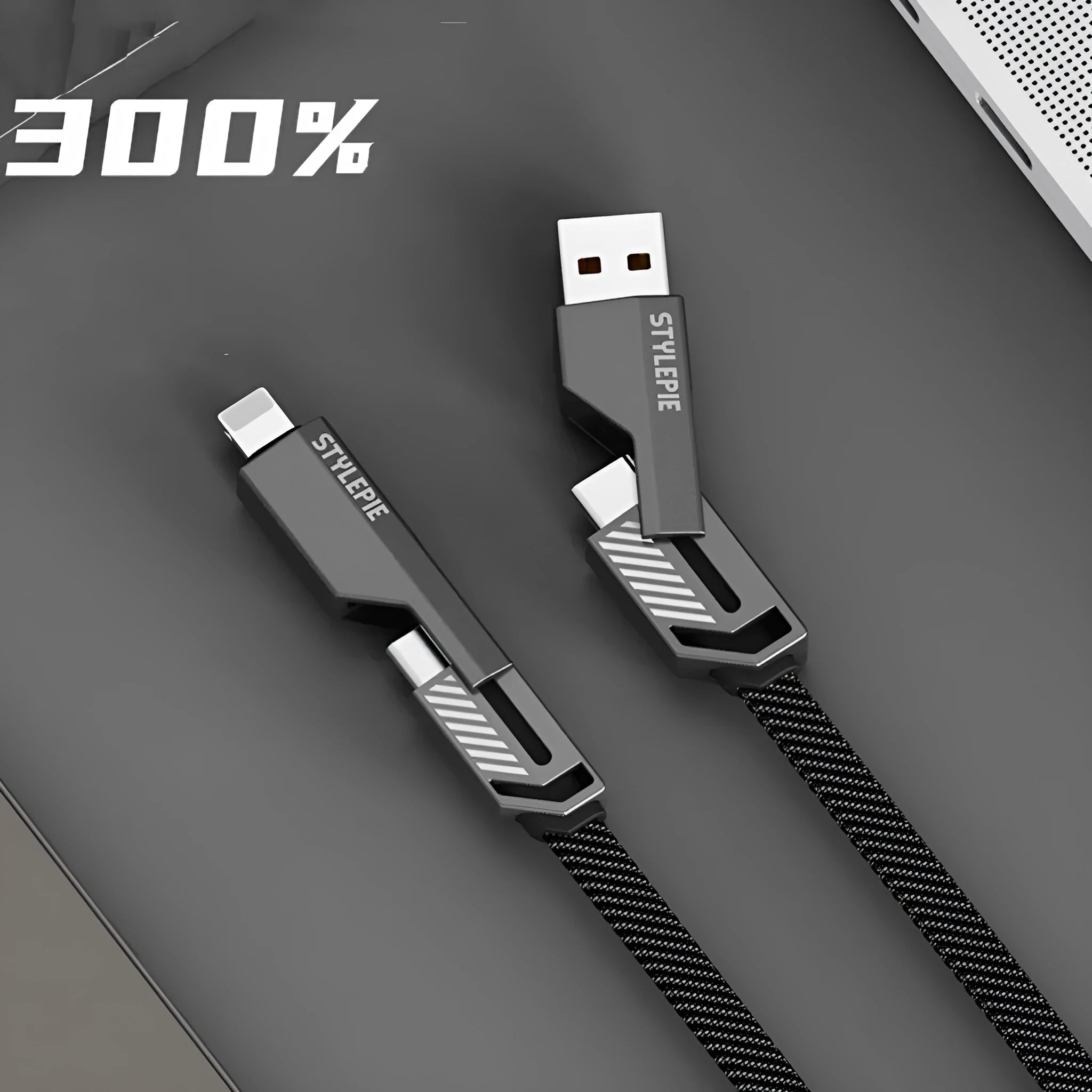 C71L 240W four-in-one fast charge data cable in Tungsten Black with zinc alloy connector and braided nylon cable