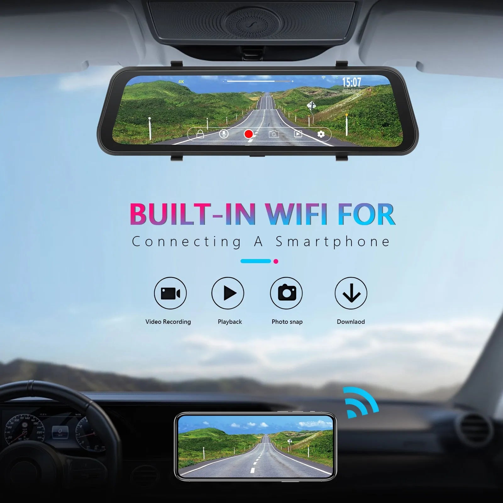 9.66 inch streaming media rearview mirror with touch screen and dual cameras for vehicle recording