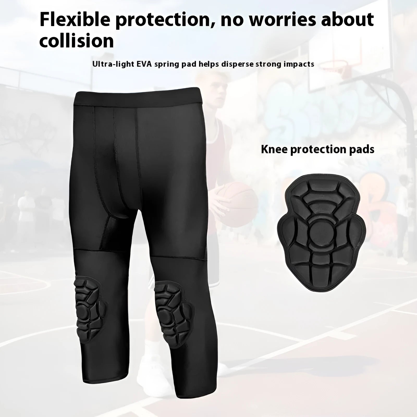 Basketball cropped pants with integrated knee pad anti-collision leggings for men black Lycra polyester mid waist
