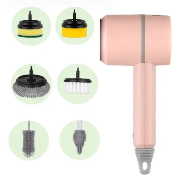 Green electric cleaning brush with three interchangeable scouring pad, brush, and sponge heads on a white background.