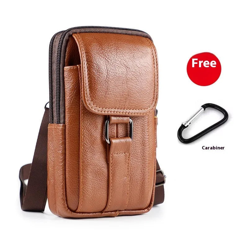 Genuine leather men's vertical square crossbody waist bag with a lock.