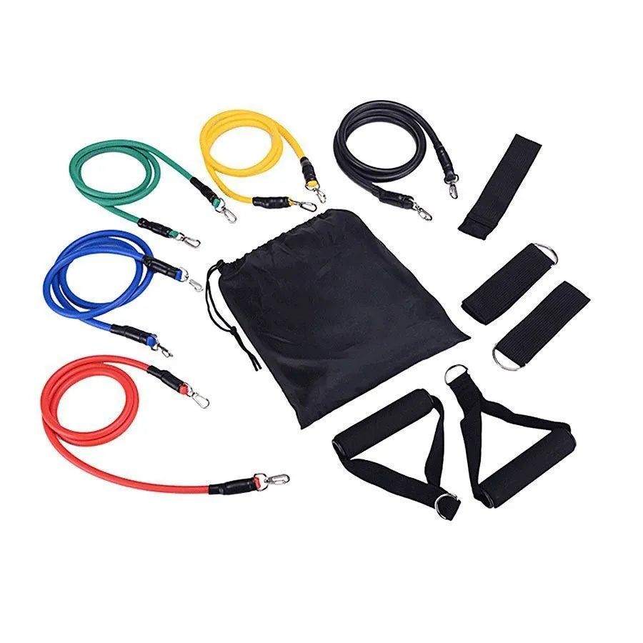 Multi-functional door sports 11-piece combination pulling rope set with ABS components on a white background.