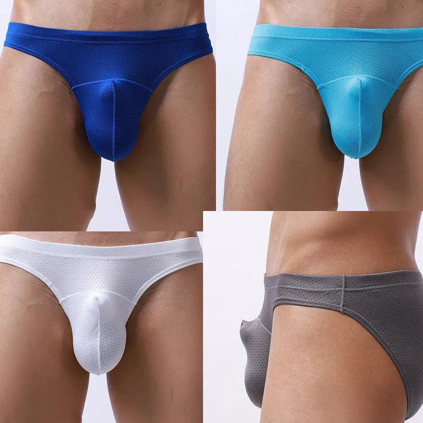 Men's loose-fit nylon underwear shown in blue, with a transparent, breathable fabric texture visible.