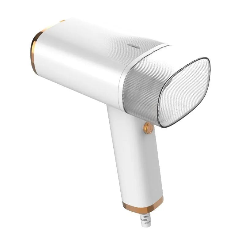 Portable handheld garment steamer in white foldable design with non-stick liner and UK plug