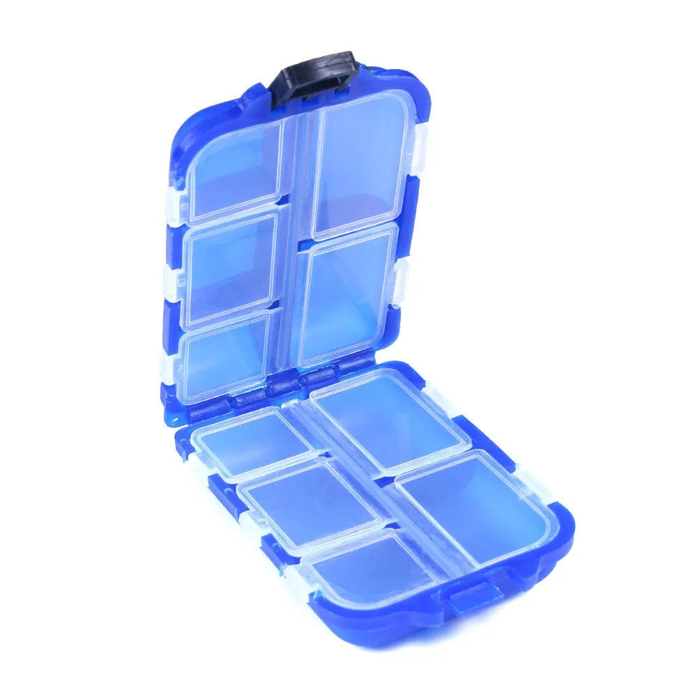 Small plastic fishing tackle storage box with 10 compartments showing black, blue and green colour options