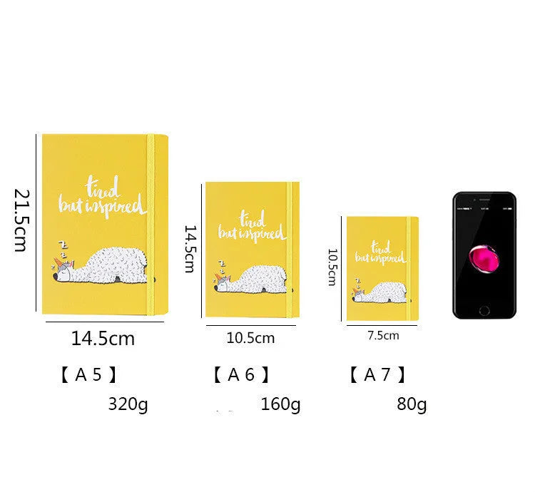 Alpaca cartoon notebook with paper cover showing 96 pages of 80g yellow paper in A5, A6 and A7 size options