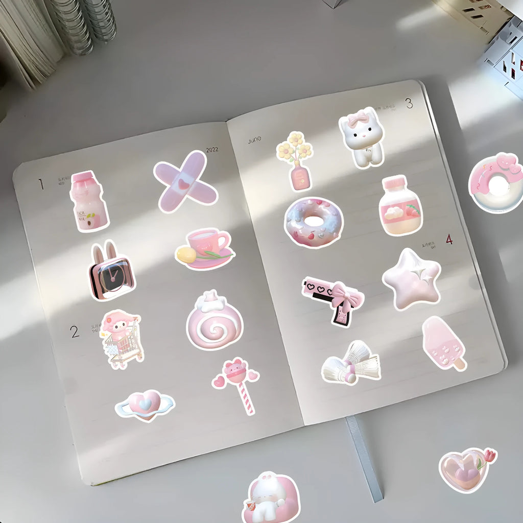 Pack of 63 cute pink girl heart 3D decorative stickers with two pattern options on a white background.