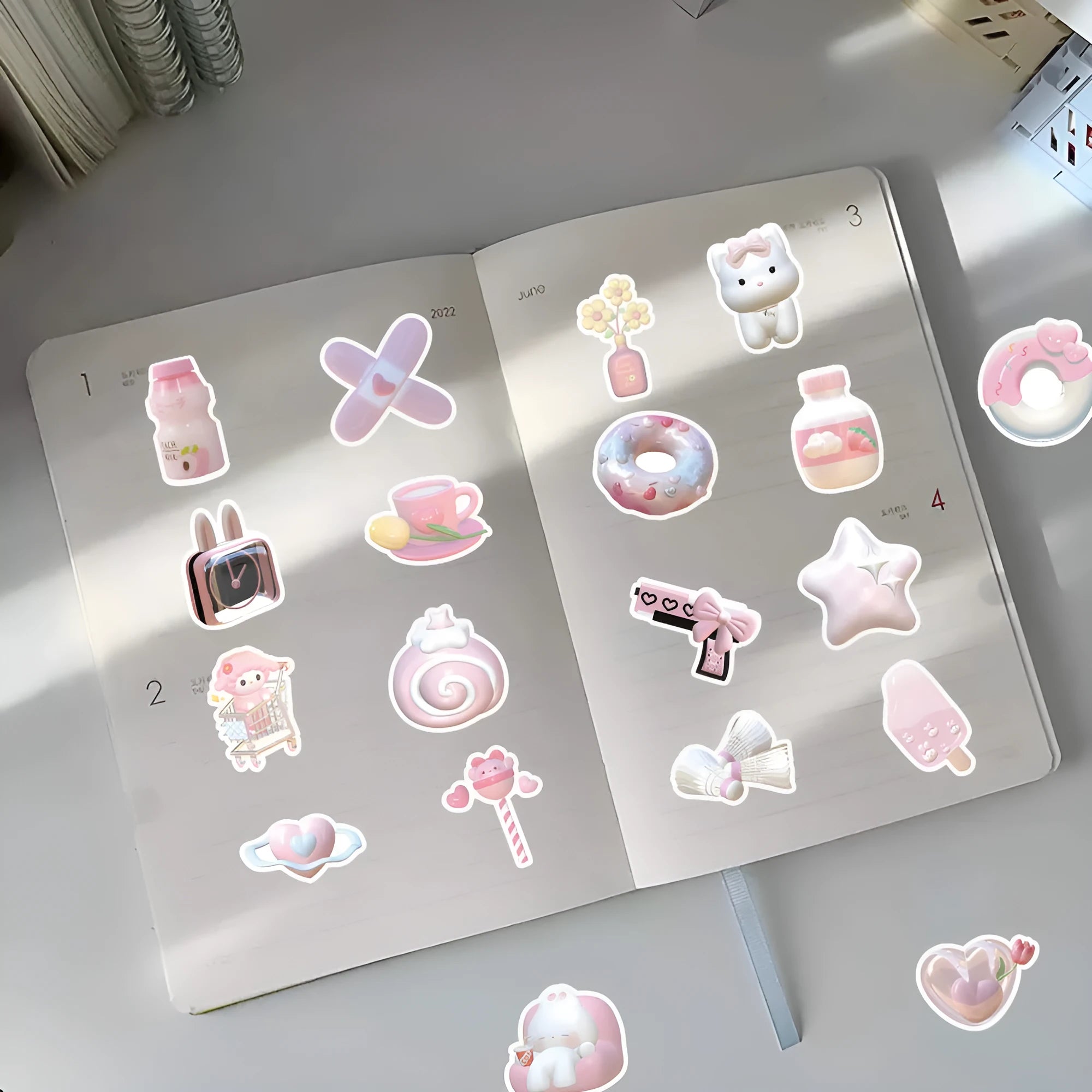 Pack of 63 cute pink girl heart 3D decorative stickers with two pattern options on a white background.