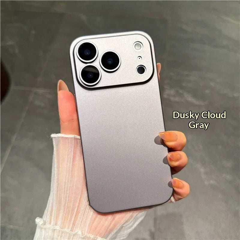 Ultra-thin PC phone case with built-in camera lens protector and frosted finish for iPhone, showing full back coverage.