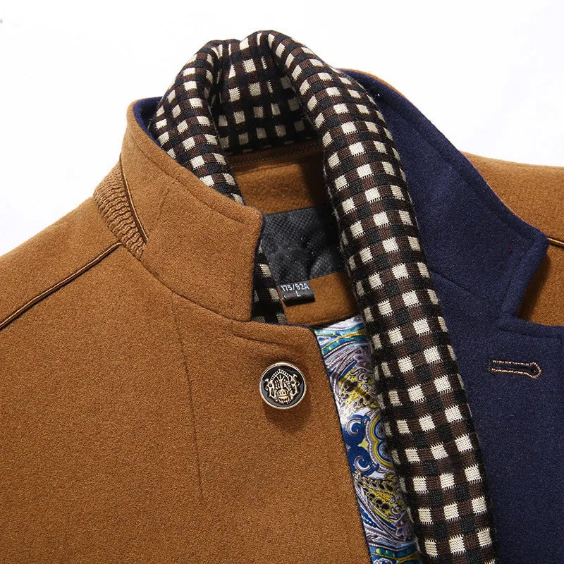 Men's woollen overcoat with double collar and patch pockets in khaki colour, Asian size L