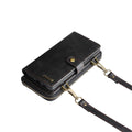 PU crossbody wallet phone case with card slot, lanyard, bracket, and magnetic suction, in black, brown, red, or blue.