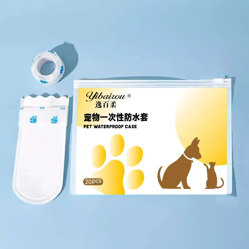White disposable waterproof pet shoe covers with non-slip soles in S and M sizes