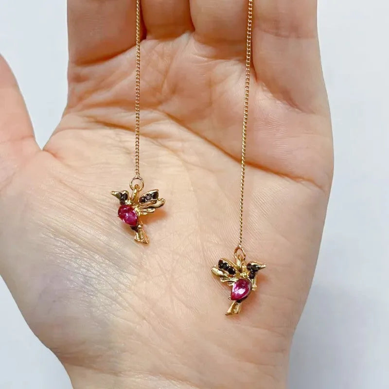 Long style bird hanging earrings with mixed zirconium wings, approximately 20-24cm length